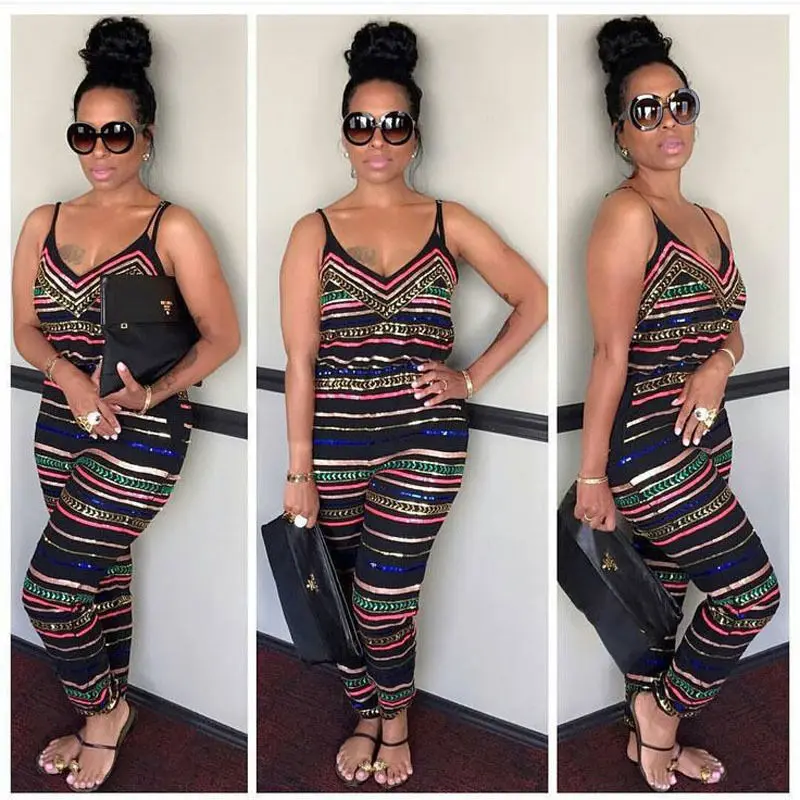 

Plus Size Fashion Women Laides Stripe Sleeveless V-neck Romper Trousers Holiday New Summer Beach Print Jumpsuit