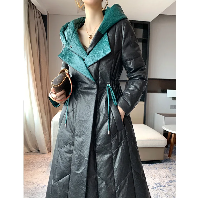 

2021 new designer new temperament leather down jacket women's long hooded coat sheepskin fur coat.