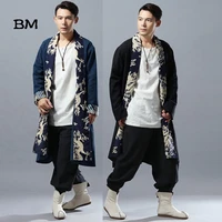 2019 autumn long coat men capes chinese dragon patchwork linen kimono cardigan loose windbreaker male overcoat trenchcoat
