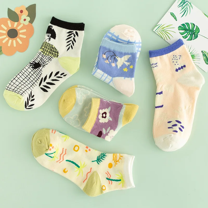 

1 Pair New Arrival Women Socks Harajuku Creative Flower Bird Sketch Print Cotton Sock Funny Casual Fashion Happy