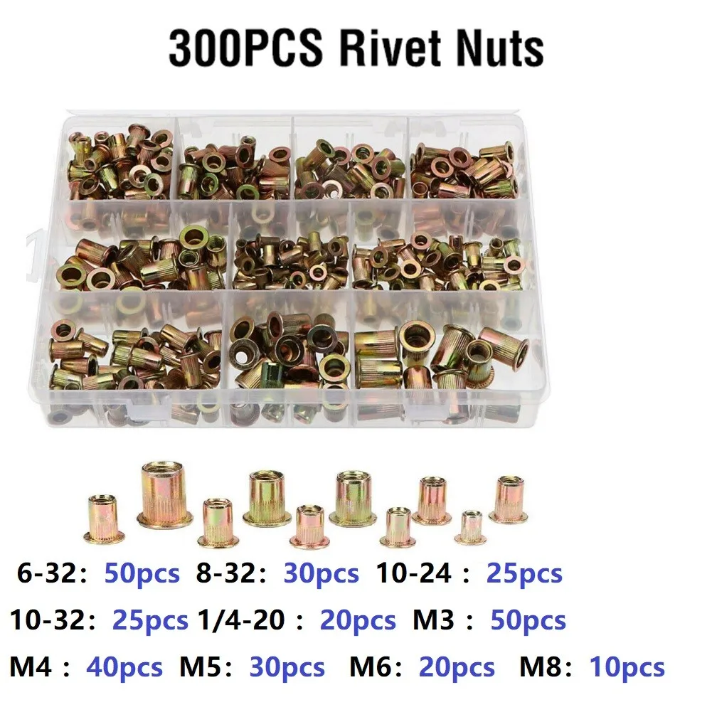 

300 Pcs Carbon Steel Rivet Nuts Zinc Plated Flat Head Rivet Nuts Insert Set For Electrical Equipment Repair Tools Accessories