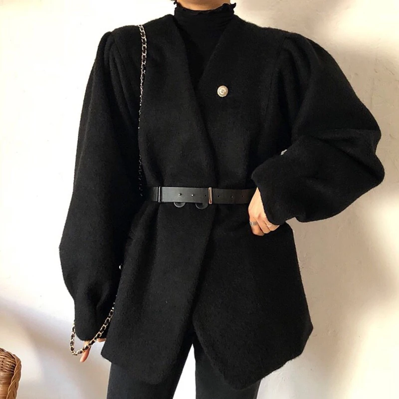 

Fashion 2020 Autumn Winter Korean Style Woolen Coat Women V-Neck Solid Color Loose Wool Jacket with Belt Streetwear Wool Parka
