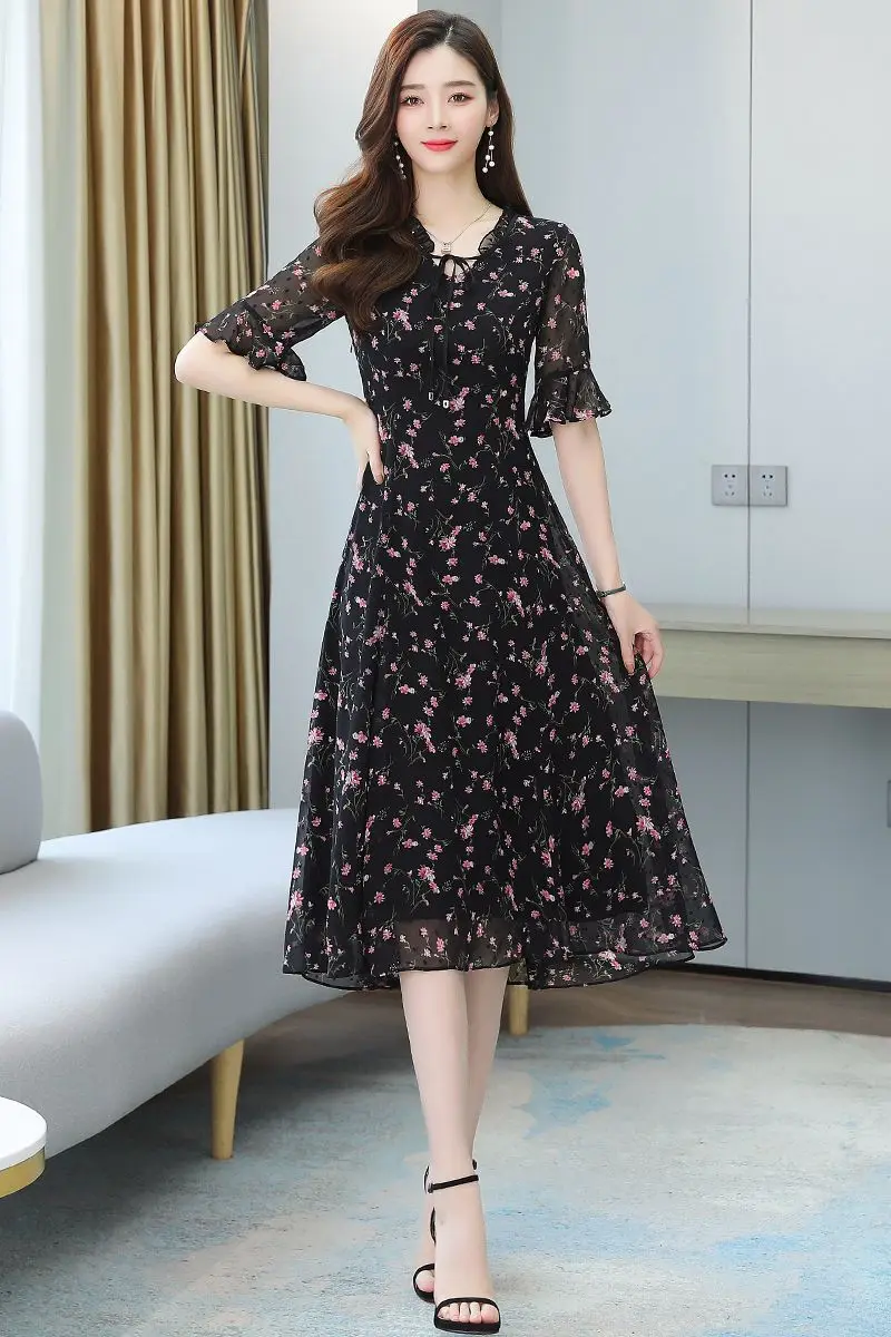 

COIGARSAM 3XL Plus Size Full Sleeve Women Long dress New Summer Chiffon Floral Print Dresses Black 8219