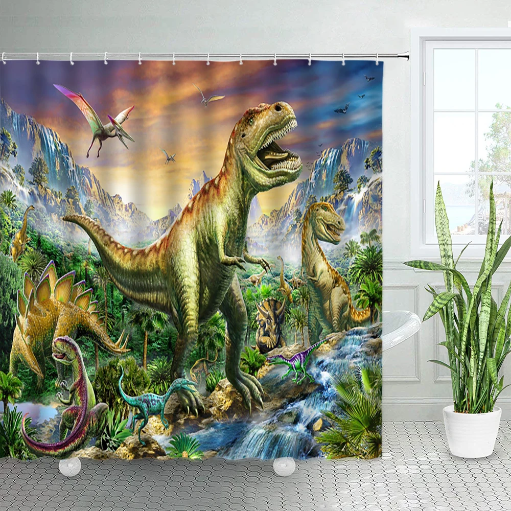 

Занавеска для душа с изображением динозавра, шикарный Объемный декор в ванную комнату, с изображением животных, леса, водопада, природного л...