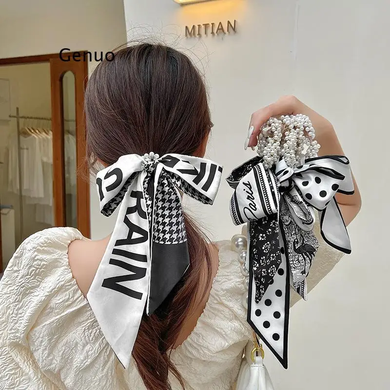 

Fabric Pearl Rubber Band Print Retro Long Ribbon Ponytail Scarf Hair Tie Scrunchies Women Girls Elastic Hair Bands Accessories