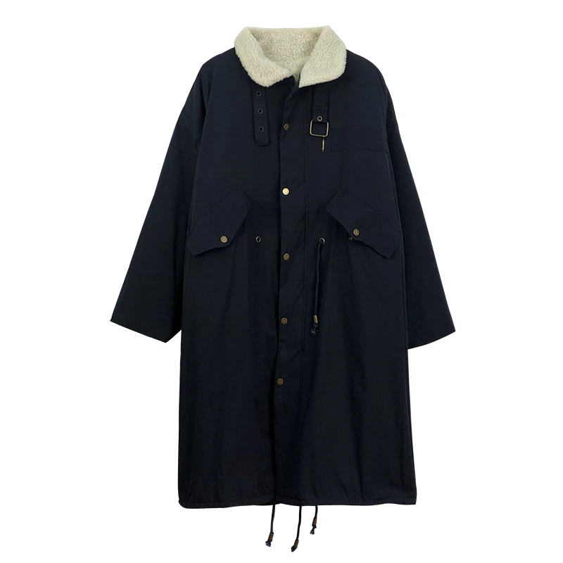 

Safari Style Cotton Women Coats Winter New Turn-Down Collar Fleece Solid Pocket Thicken Warm Straight Knee-Length Female Outwear