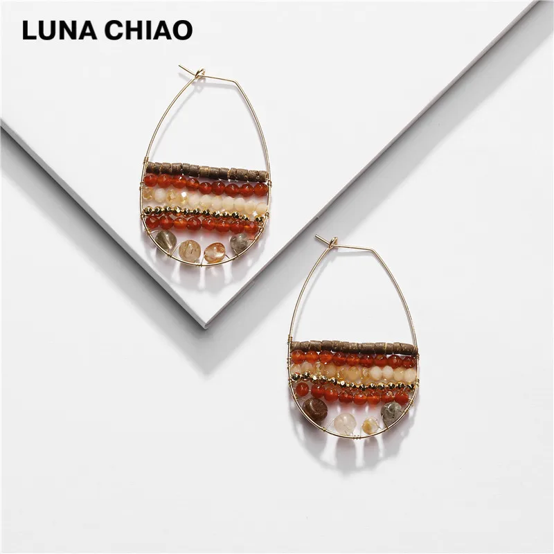 Red LUNA CHIAO осень зима большие серьги кольца дерево натуральный камень бисером Boho массивные серьги для женщин - Окраска металла: Red