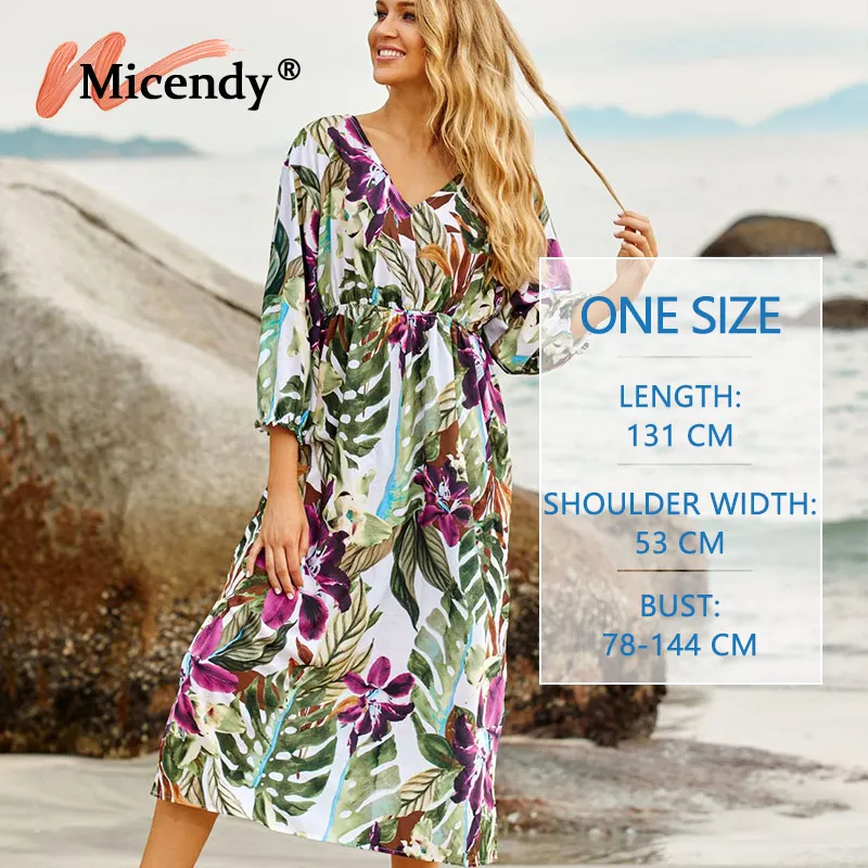 

Micendy Bohemian Printed Dress Women Cover Up Beachwear Long Seelve Tunic Beach Swimsuit Bikini Cover-Ups Chiffon Pareo Sarong