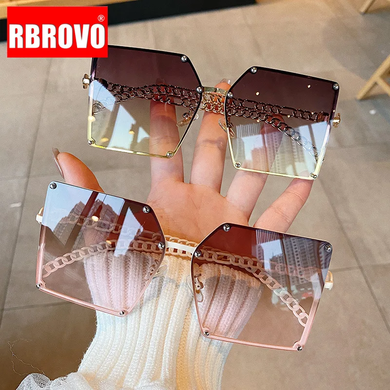 

RBROVO 2021 негабаритных градиентными линзами без оправы для Для женщин Винтаж сплав оправа с цепочкой заклепки Квадратные Солнцезащитные очки ...