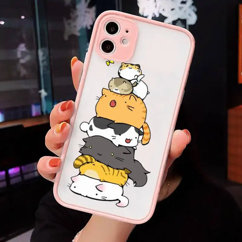 

Cute cartoon cat Phone Cases Matte transparent For Pink iPhone 12 Mini 11 Pro XR XS Max 7 8 Plus X Back Cover