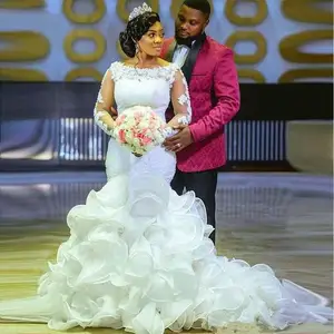 Lace Long Sleeves Mermaid African Wedding Dresses with cascading Ruffles Train South Africa Plus Size Nigeria Wedding Gowns Lace Long Sleeves Mermaid African Wedding Dresses with cascading Ruffles Train South Africa Plus Size Nigeria Wedding Gowns