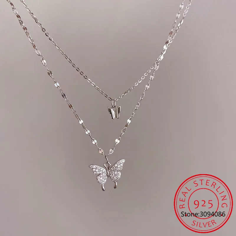 

Женское Ожерелье-бабочка из серебра 925 пробы с блестящим кубическим цирконием, изящное Двухслойное ожерелье на цепочке до ключиц, ювелирные...