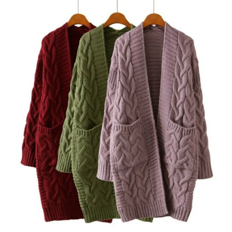 Женская вязаная кардиган платье крючком пальто свитер с длинными рукавами