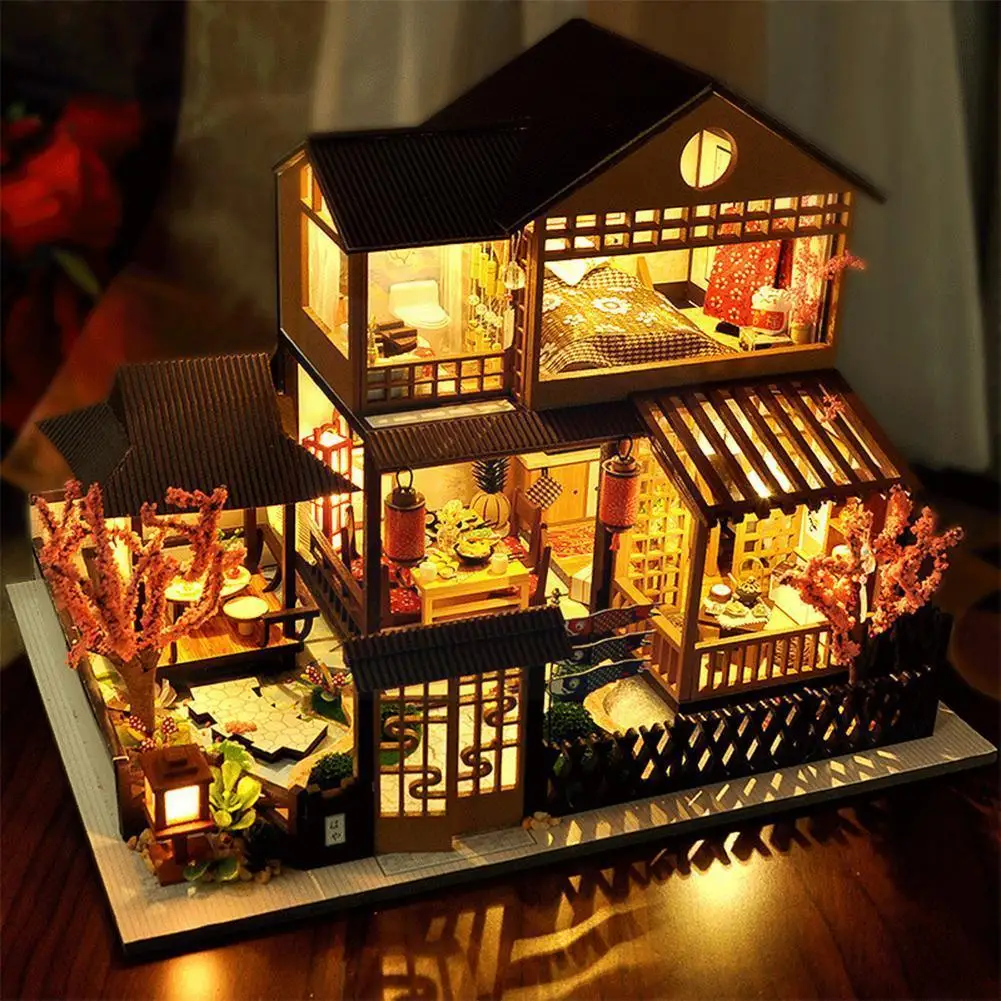 

Newest Diy Wooden Dollhouse Japanese Architecture Dolls Houses Mininatures With Furniture Toys For Children Friend Birthday Y3o8