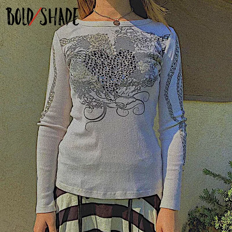

Bold Shade 90s Indie Women T-shirt Long Sleeve Heart Rhinestone Floral Printing y2k Tees Basic Women Street Style Autumn Tees