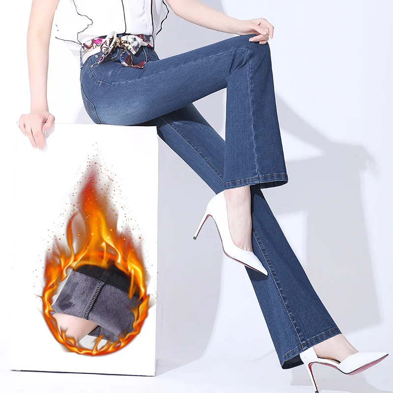 YUEY Новинка S до 5XL Женские утолщенные теплые джинсы для зимы с высокой талией