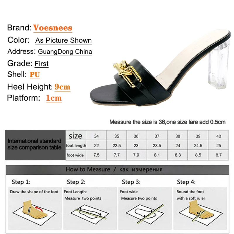 

Korean Style All-Match Women Shoes Square Head One Word Slippers Metal Decoration Chain Shallow Mouth Transparent Heels Sandals