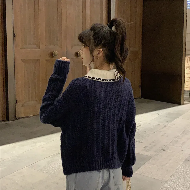 

Knitted Cardigan Women Knitted Full Sleeve Turn-down Collar Sweaters Cardigans Lady Knit Pockets Chic Crop Tees Tops for Female