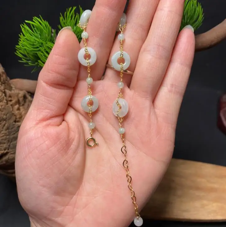 

Natural Jade 14k Gold Wrapped Length Adjustable Bracelet for Women's Gift