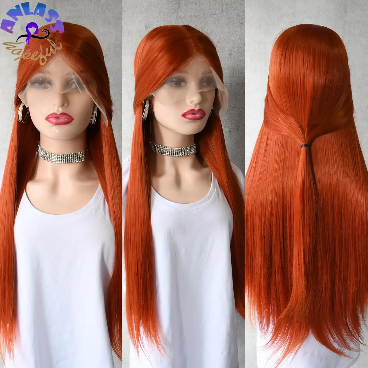 Парик Ginger Wig для женщин длинные прямые синтетические T-образные на сетке спереди