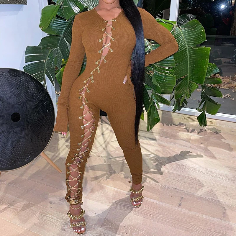 

BIIKPIIK Hollow Out Knitting Jumpsuits Elegant Women Workout Overalls Drawstring One Piece Playsuits Female Casual Sportwear