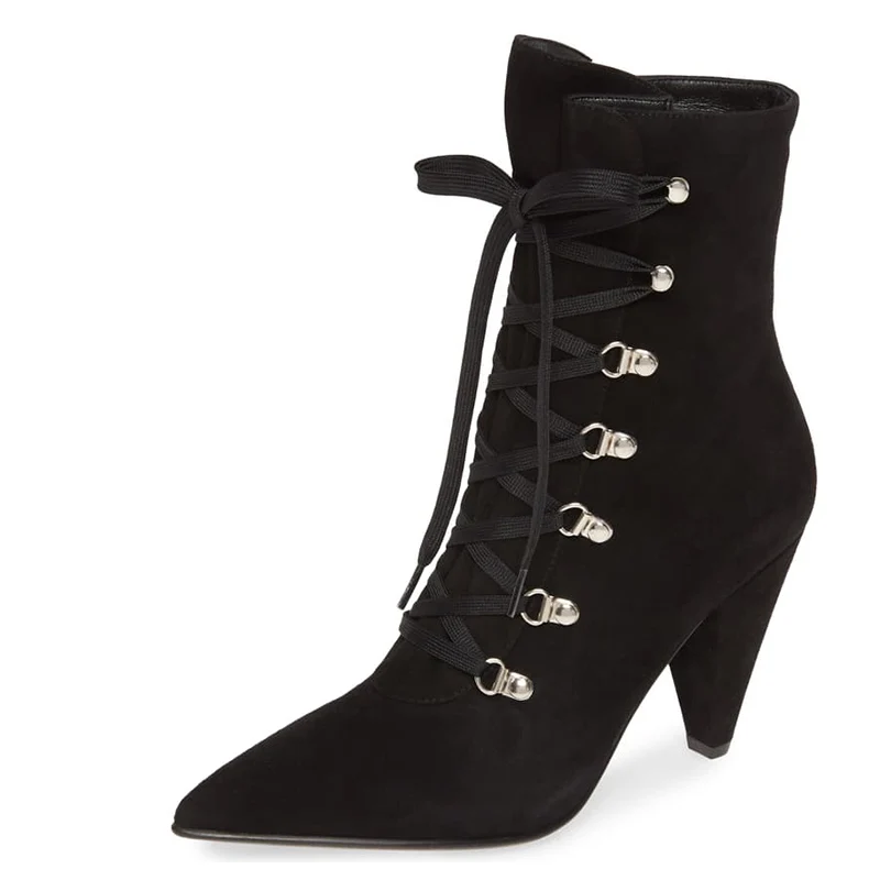 Ботильоны женские из флока на высоком каблуке заостренный носок шнуровке