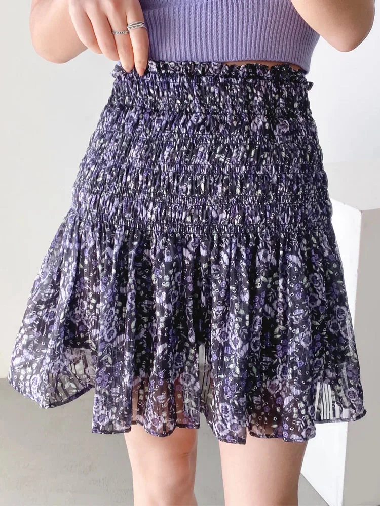 

Женская мини-юбка с цветочным принтом ZA, винтажная юбка с высокой талией и эластичным поясом, 2022