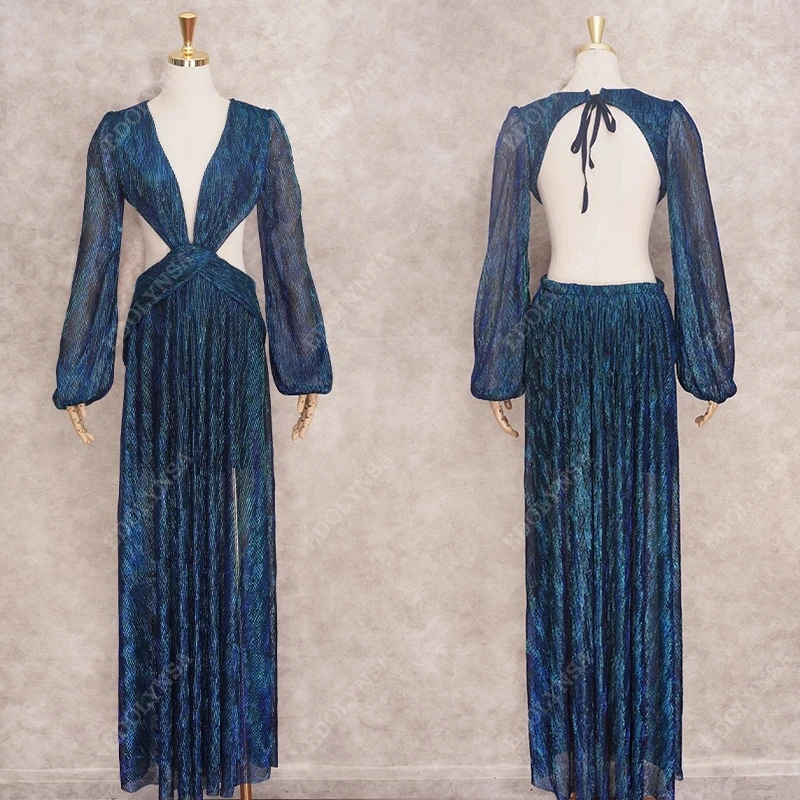 Женское ажурное платье с V-образным вырезом и открытой спиной длинное