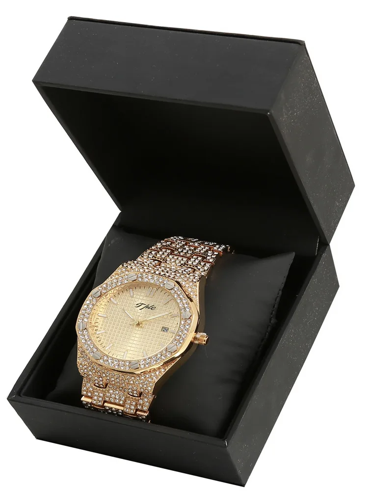 Часы TPLE мужские круглые роскошные модные кварцевые украшенные стразами в стиле