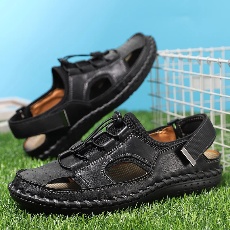 

New Summer Fashion Genuine Leather Male Slippers Men's Summer Shoes Breathable Beach Outdoor Sandal Business Casual Sandals