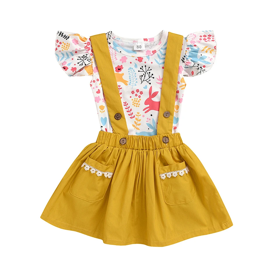 Летняя футболка для новорожденных девочек + юбка на пуговицах с подтяжками и