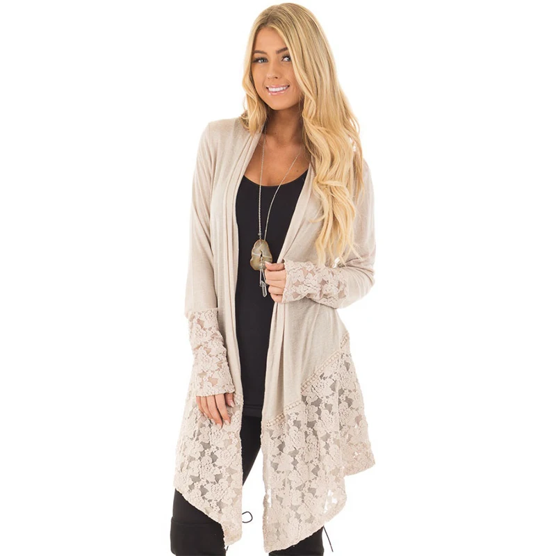 

Women Long Solid Color Lace-Up Beach Tops Patchwork Lace See-Through Outwear Woman Holiday Sexy Casual Coats 2021 New Fashion