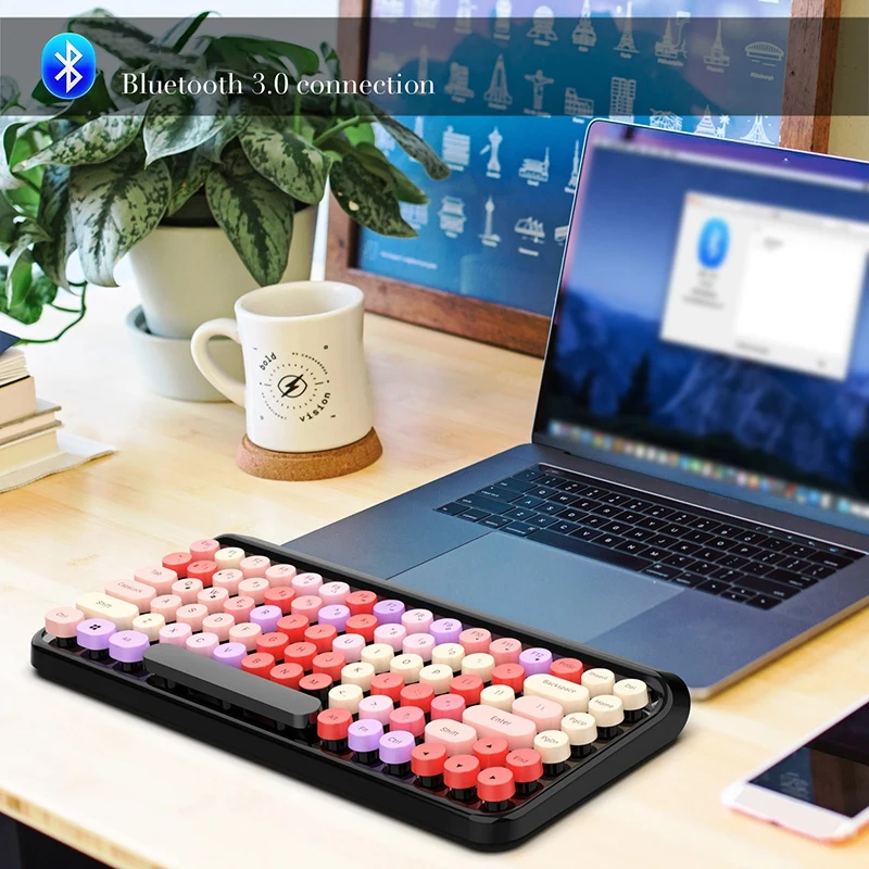 

Eshowee Punk Bluetooth 3.0 Wireless Keyboard Mute Waterproof Multi-color Applicable Tablet Laptop Keyboard With Battery