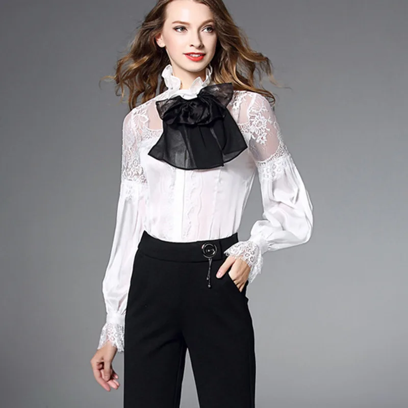 

2020 Spring Summer Fashion Blouses Women Elegant Bow Ladies Sexy Lace Patchwork Lantern Sleeve Vintage Tops Shirt Female