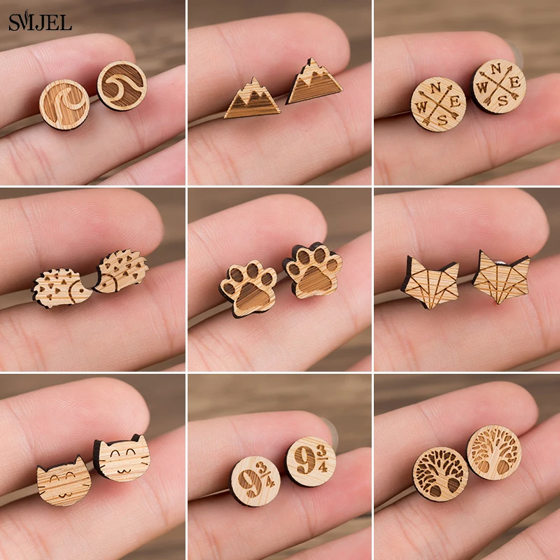 

Bohemia Vintage Cute Wooden Earrings for Women Jewelry Wave Tree Compass Mountain Cat Fox Small Earrings Piercing Jewelry