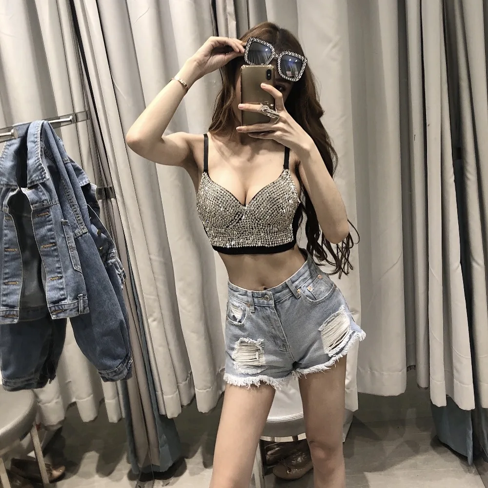 

Tube Top Gorgeous Rhinestone Bead Bustier Pearls Diamond Push Up Night Club Sexy Bralette Women's Bra Cropped Top Plus Size