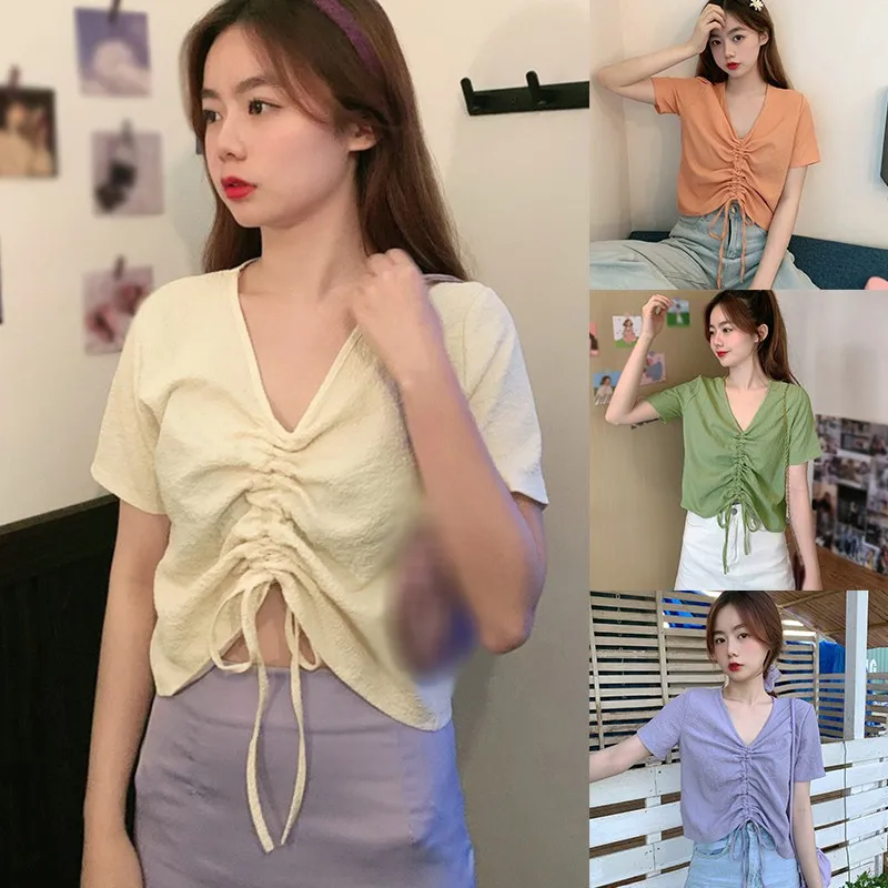 Women's V Neck Pleated Loose Blouses Summer Korean Style Solid Color Short Sleeve Shirt Tops 2020