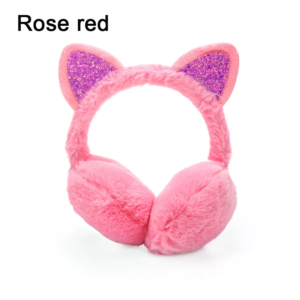 rose red Зимние теплые наушники для женщин, для девочек, милые теплые наушники с кошачьими ушками, модные наушники с милыми пайетками, пушистые наушники, повязка на голову - Цвет: rose red