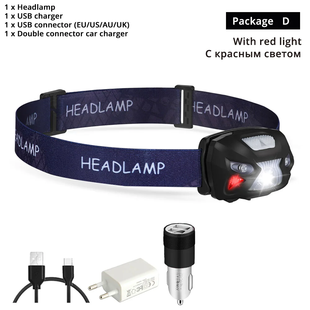 With red light-D 3000LM мини Перезаряжаемые светодиодные фары движения тела Сенсор светодиодные велосипедов Глава свет лампы Открытый фонарик с USB - Испускаемый цвет: With red light-D