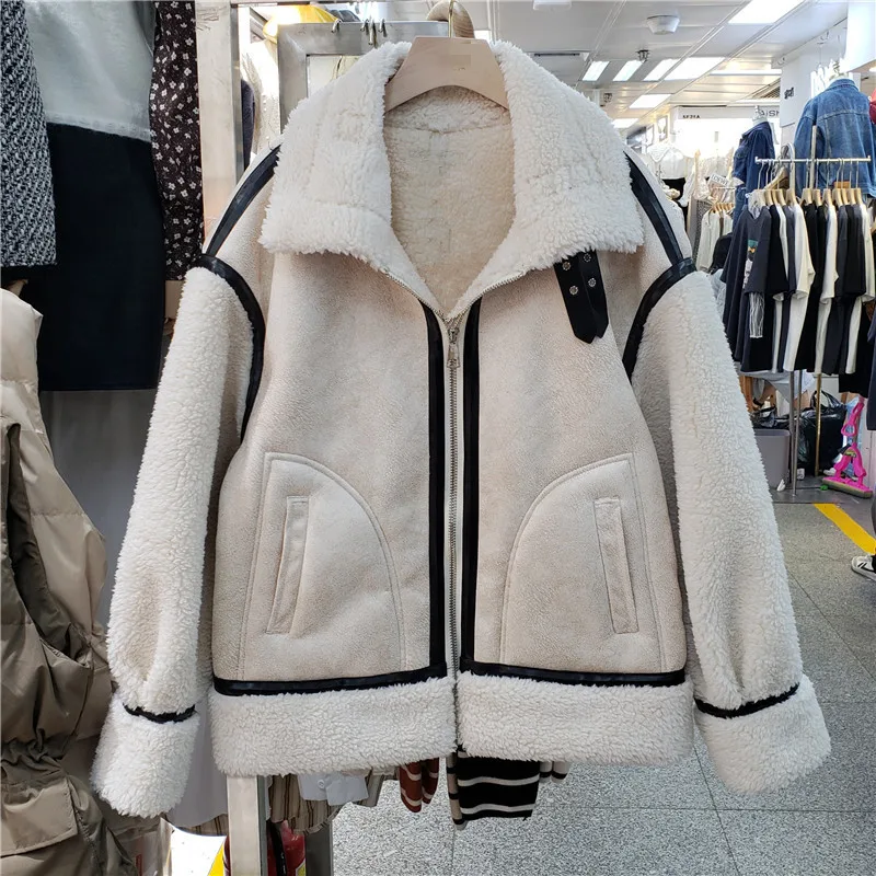 

Winter 2021 Women's Warm Suede Parka Coat Korean Slim Faux Lambswool Patchwork Moto Biker Jacket Stand Collar Short Abrigo Mujer