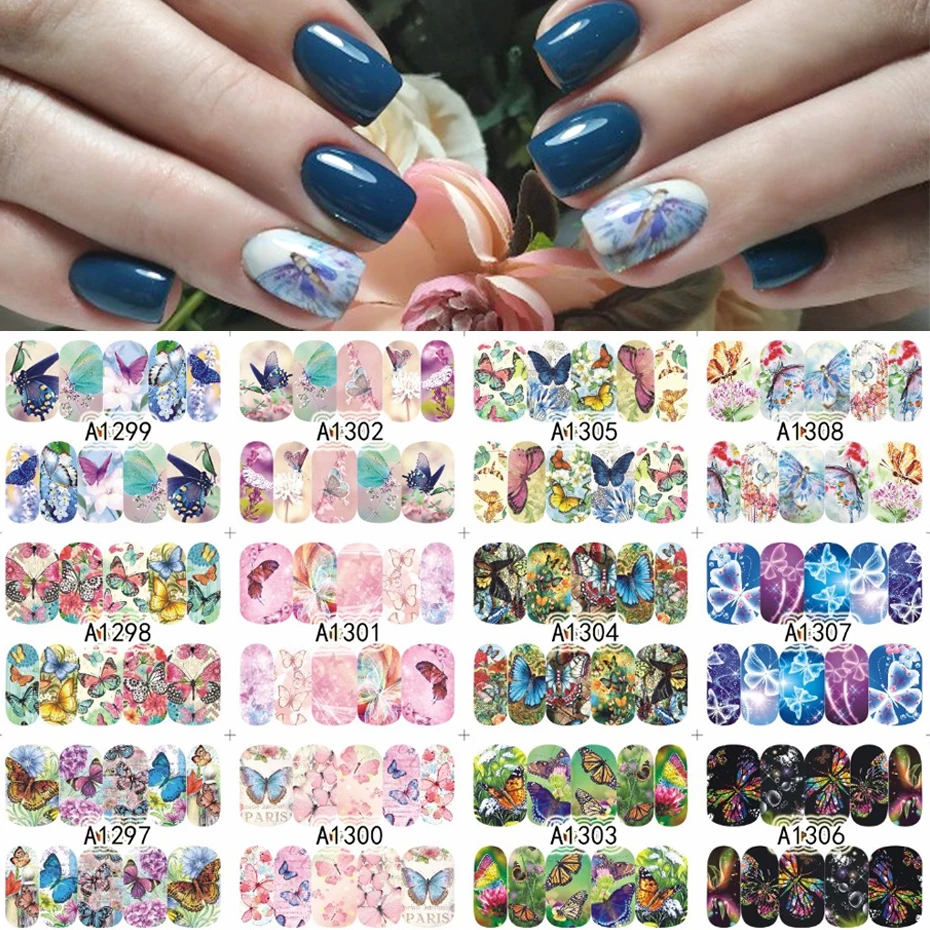 12 шт. наклейка с цветком для ногтей в виде бабочки Слайдеры нейл-арта фольга