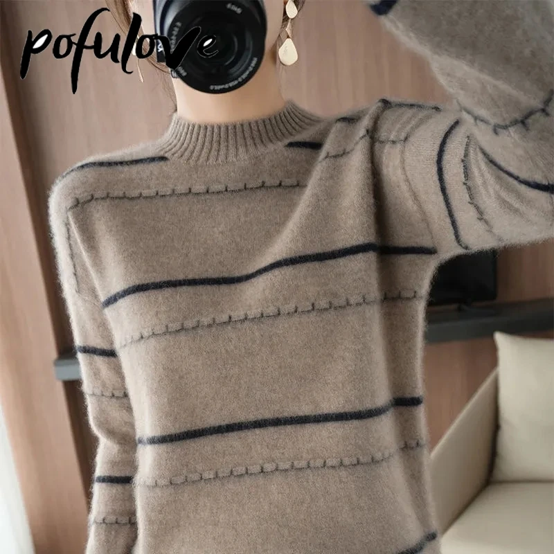 

Sweater Women's Half Turtleneck Striped Pullover Knitwear Korean Fluffy Loose Top Trending Sweater Autumn and Winter Striped Top