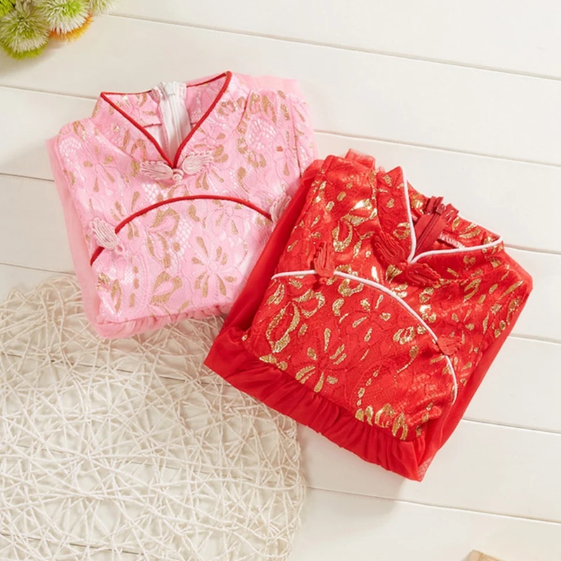 

12M-4Y Kids Baby Girls Tulle Dress Chinese New Year Dresses Tang Suit Princess Dress Cute Girl Casual Clothes Vestido de bebe