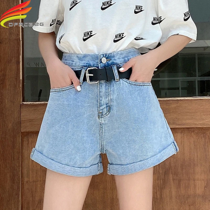 

Streetwear High Waist Wide Leg Denim Shorts Women With Belt 2020 New Jean Shorts Women Summer Korean Style Women Crimping Shorts