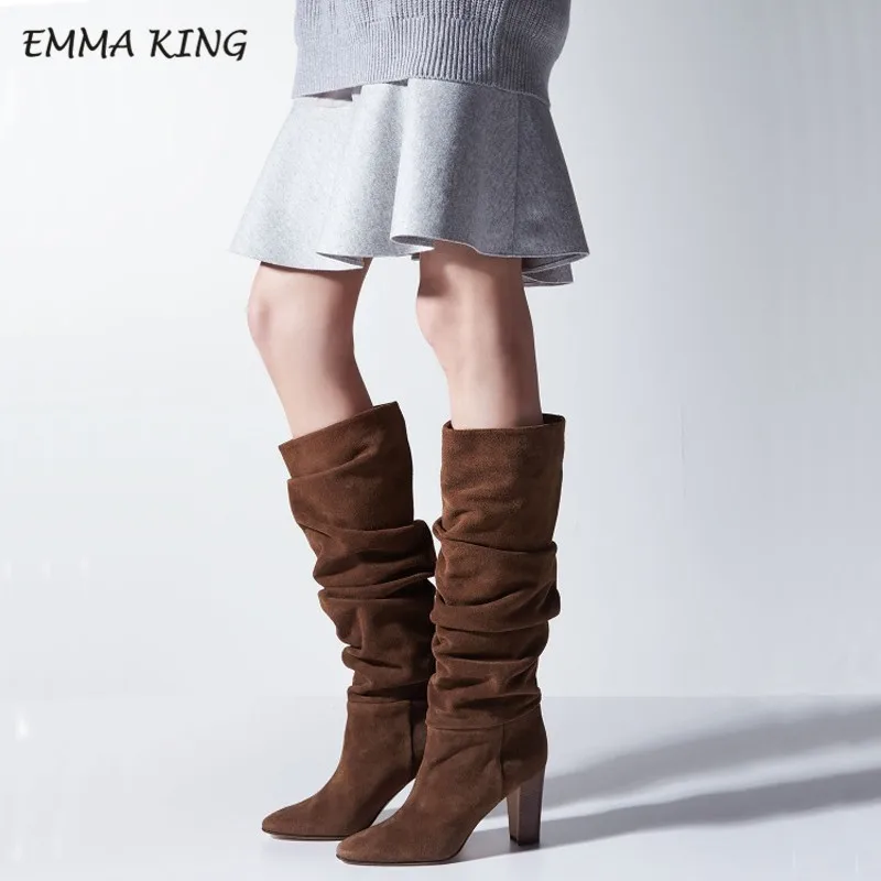 Emma king/женские ботинки новые ботинки до середины икры со складками Женская замшевая обувь с круглым носком на толстом каблуке; модная зимняя женская обувь; Цвет черный, коричневый - Цвет: style 2