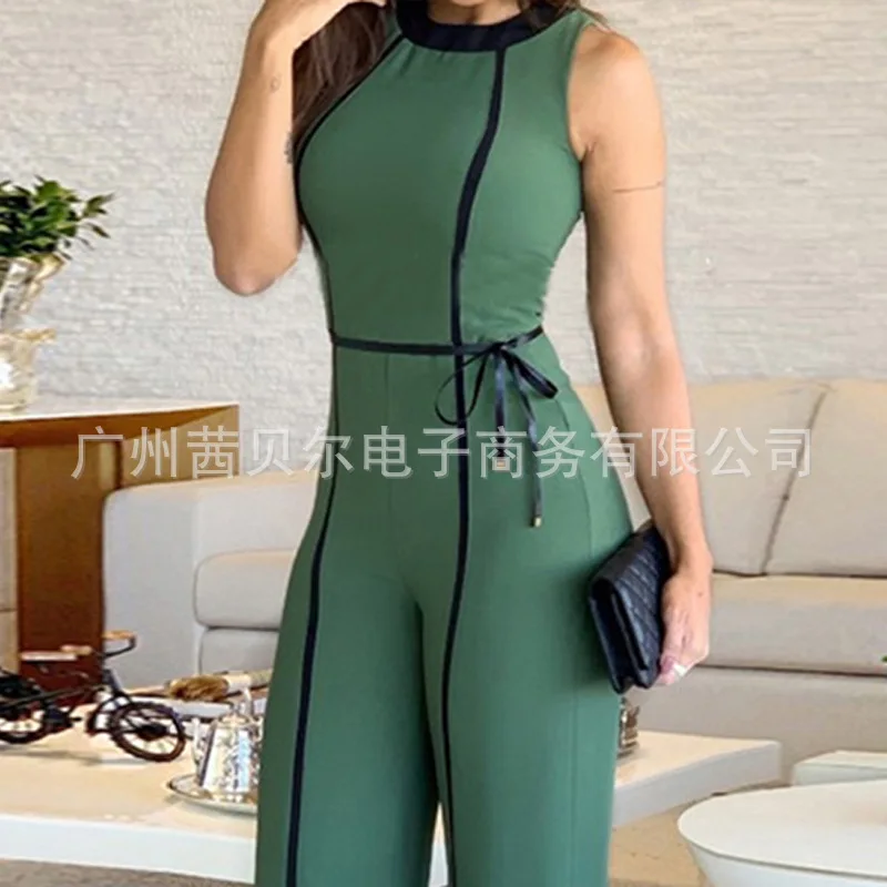 

2021 European and American new style webbing strip decoration tight-fitting jumpsuit wide-leg pants