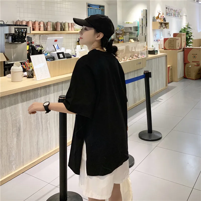 

Summer New Korean Style Loose T Shirts Women Split Women T Shirts Cotton All match Short Sleeve Women Tops Sweet tShirts Women