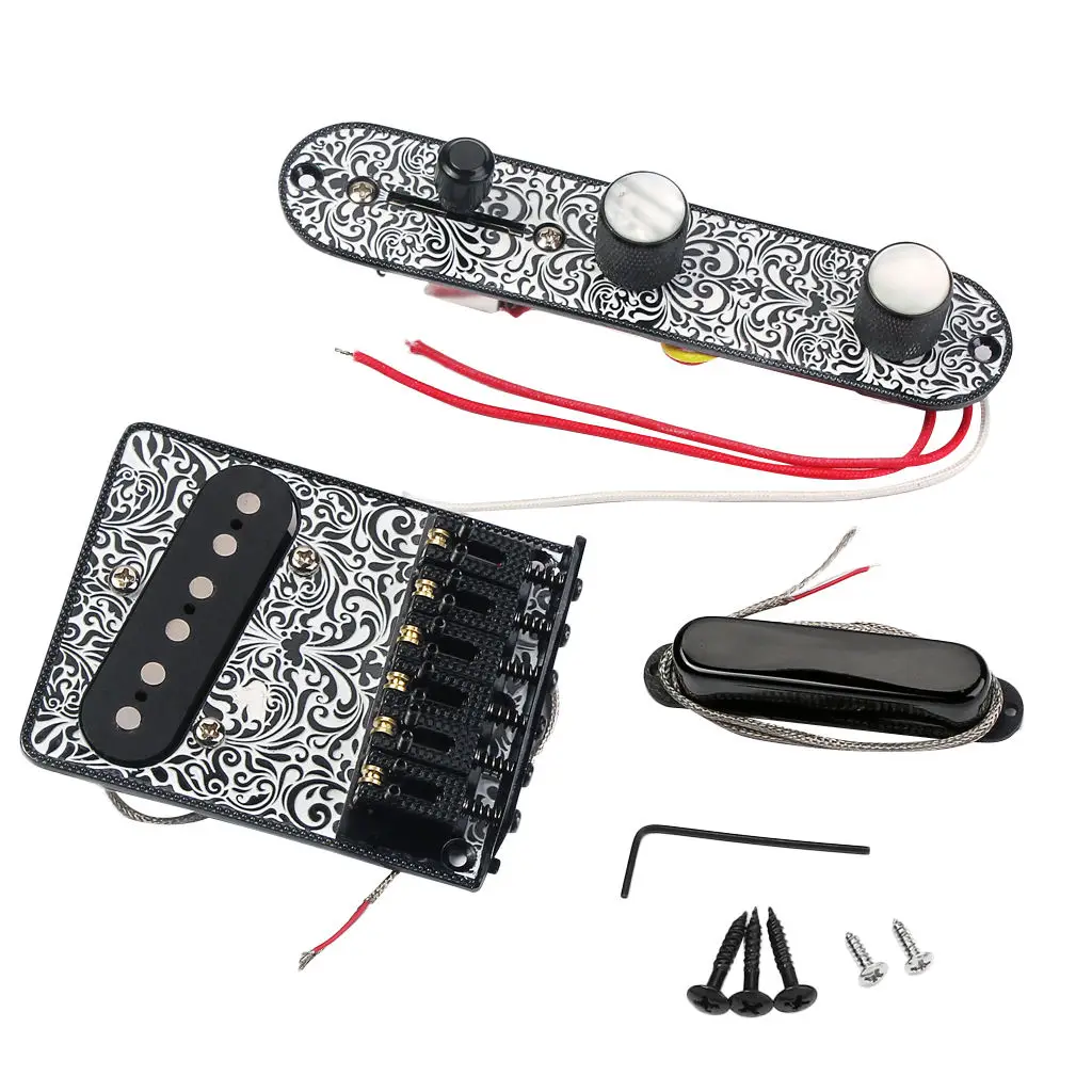 

1 Set 6 String Electric Guitar Saddle Bridge Tailpiece Hardtail+Wired Control Plate+Neck Pickup Black Luthier Supply