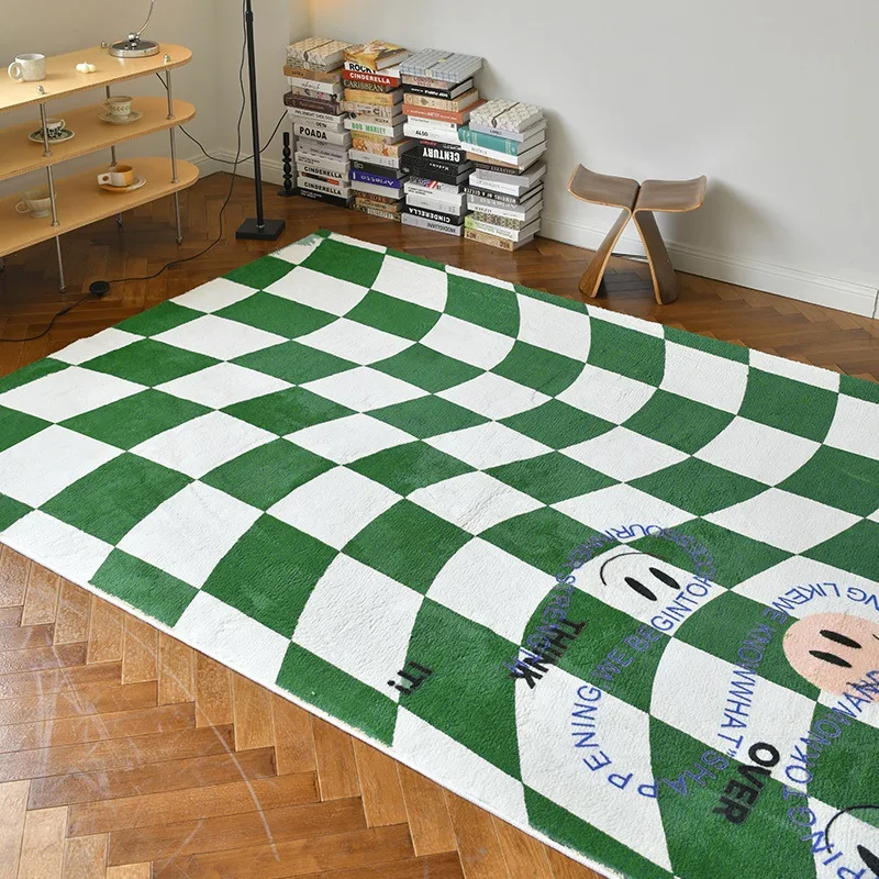 

Retro Fluffy Green Lattice Carpet Living Room Bathroom Bedroom Decor Carpet Rug Office Kids Floor Hallway Shaggy Rug Plaid Ins