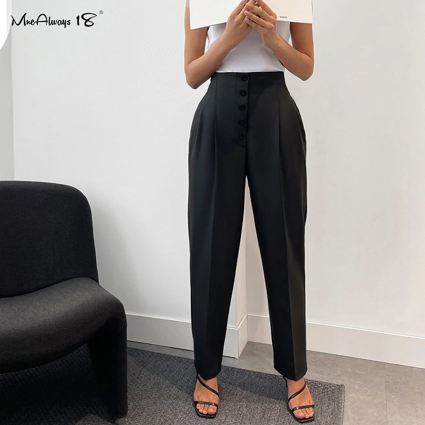 

Mnealways18 Single-Breasted Ladies Office Pencil Trousers High Waist Black Work Trousers Women Pocket Pleated Pants Ankle-Length